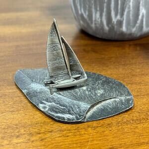 Miniature Silver Pewter Sailboat on "Water" Base TRA 14 Figurine